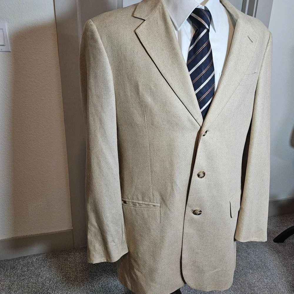 Jos‎ A Bank Sport Coat Jacket Suit Blazer Men 42L 100% Silk Beige 3-Btn